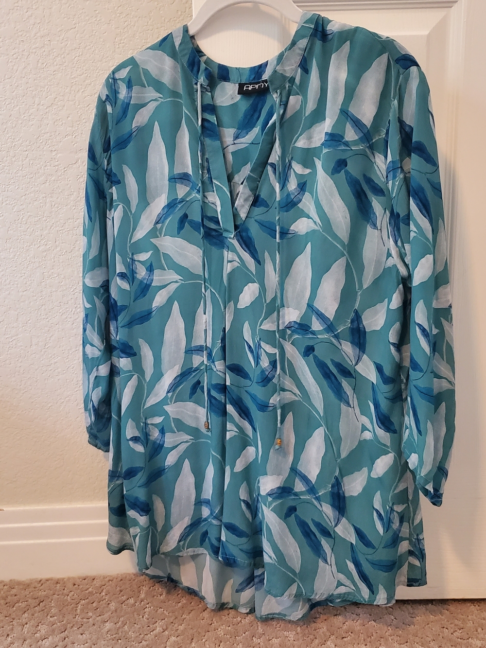 Apny Blue Leaf-Print Tie-Neck Tunic Swim Cover Up